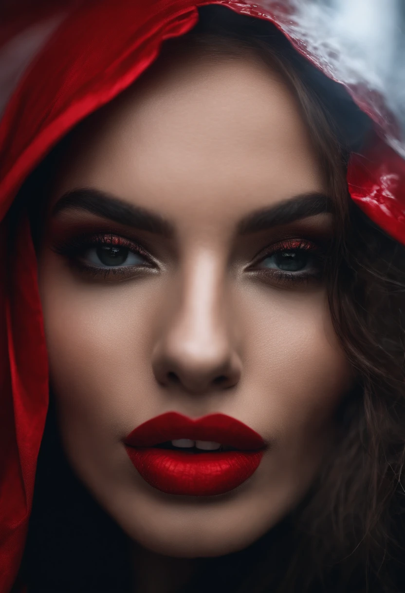 Masterpiece, UHD. (Extreme closeup:1.4) of gorgeous open woman red lips revealing vampire fang.