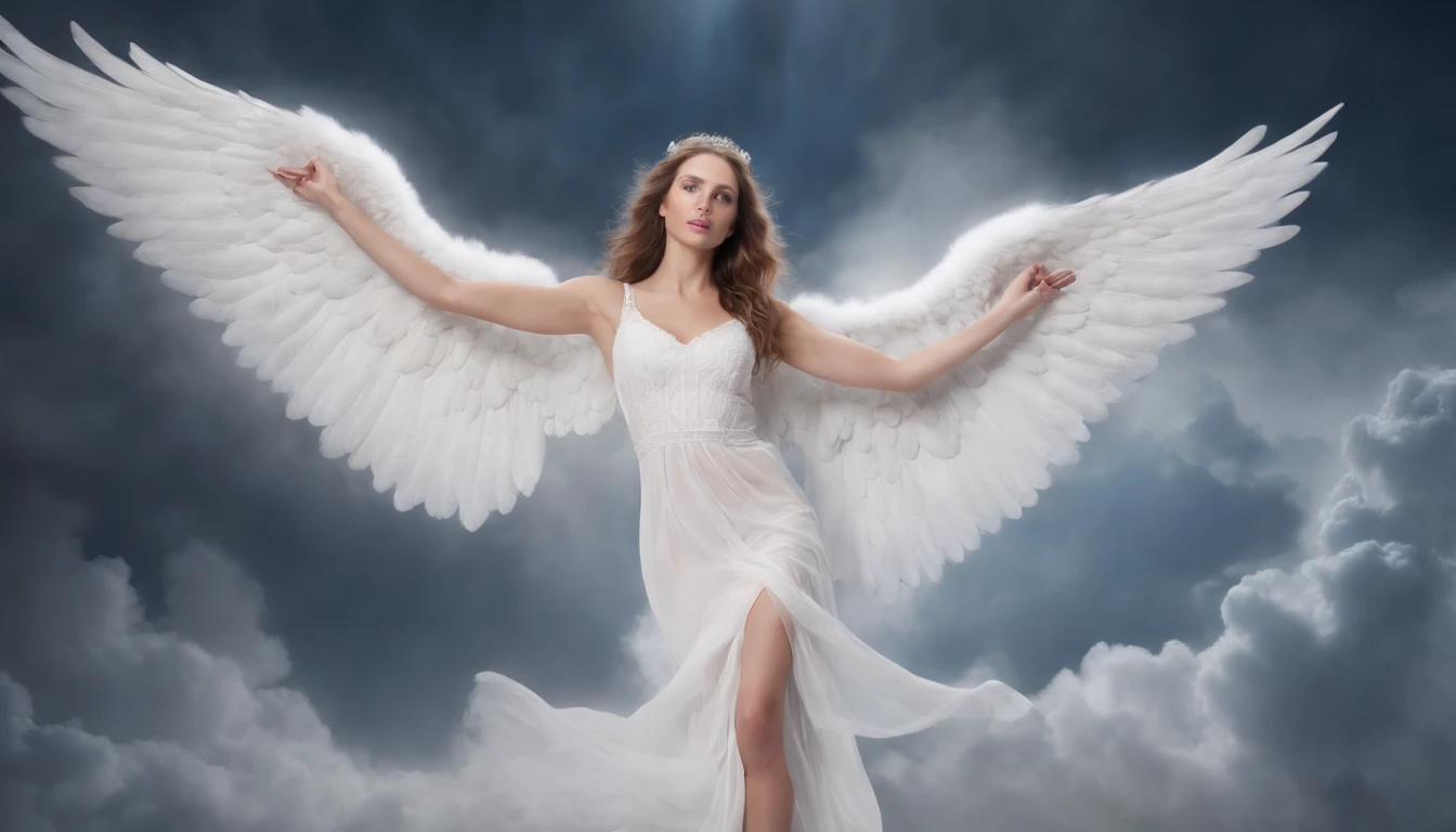 Absurd, very high resolution, super detailed, Depicting a beautiful woman (((an angel with big wings))), perfect eyes, ears, mouth and beautiful hair, (((show full body ))), show the effects of the change in soft lighting, intimate moments, and feelings of joy, Create stunning images of an angelic transformation with long exposures that capture the beauty and movement of celestial bodies, (((background: clouds))), characterized by moonlight, One night with many stars, and a non-vibrant atmosphere. capturing the original appeal of primitive art, bold, simplified forms, intense colors, emphasizing raw emotions and instincts, the biblical stories, bible, guardian angels
