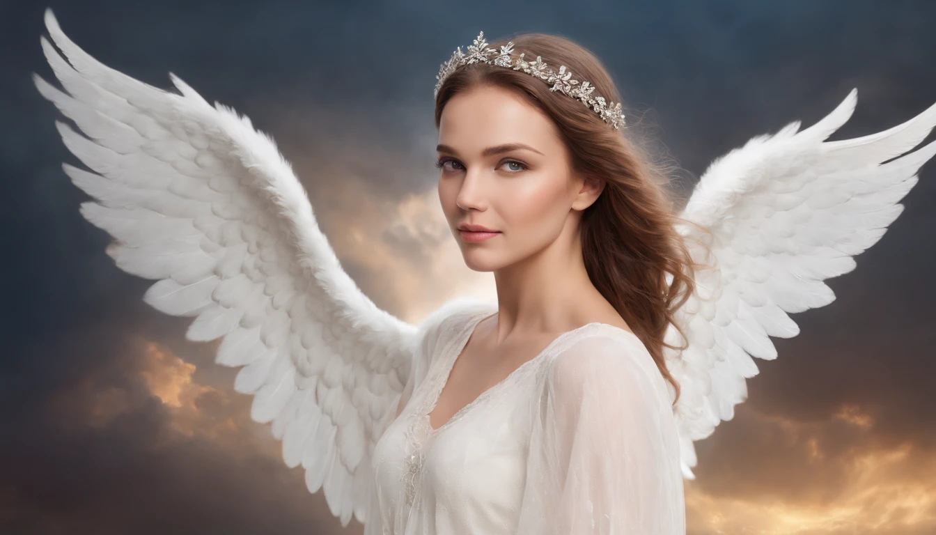 Absurd, very high resolution, super detailed, Depicting a beautiful woman (((an angel with big wings))), perfect eyes, ears, mouth and beautiful hair, (((show full body ))), show the effects of the change in soft lighting, intimate moments, and feelings of joy, Create stunning images of an angelic transformation with long exposures that capture the beauty and movement of celestial bodies, (((background: clouds))), characterized by moonlight, One night with many stars, and a non-vibrant atmosphere. capturing the original appeal of primitive art, bold, simplified forms, intense colors, emphasizing raw emotions and instincts, the biblical stories, bible, guardian angels
