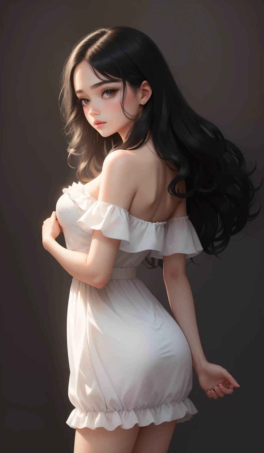 a woman in a long silver solid draped spaghetti dress, silver high heels, diamond hair piece, , shoulder length slightly wavy hair, ((black hair)) and gleaming detailed vibrant black eyes, slim frame, medium breasts, long legs, beautiful face, small butt size, small feet size, small hand size, perfect hands, scary face, beautiful face, pretty face, hot woman, British woman, cream skin, small soft pink lips , medium breast size, slim figure, standing pose, soft features, cute girl, perfectly framed face, ((soft pink cupids bow lips)), ((dark grey eye colour )), dark eyes, dark hair