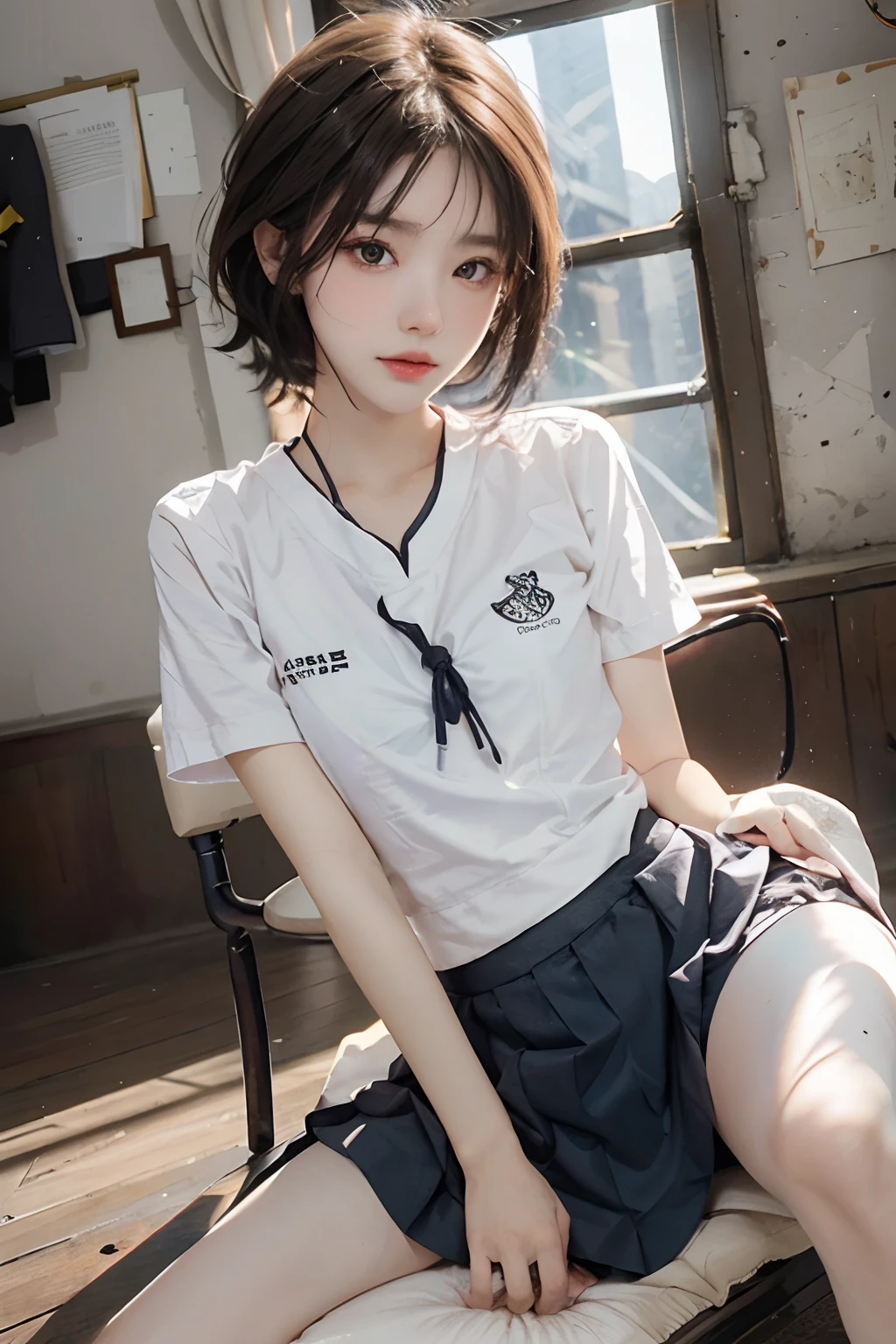 best qualtiy,tmasterpiece,超高分辨率,(Fidelity:1.4),(Ultra photo realsisim), (A high resolution), (8K),1girll,独奏,s the perfect face,flawless perfection,Ren,tmasterpiece,professionalartwork,famousartwork,with short black hair,White skin,famousartwork,s the perfect face,beauitful face,beautidful eyes,((Perfect female body)),(immersiveatmosphere,lightand shade contrast:1.5,Bright light:1.2,lumnious),,(Blushlush:0.5),Enchanting expression,Ultimate detail_The eye,(medium thigh),(Small breasts),Exquisite background,depth of fields,photorealestic:1.3,Faraway view,The shirt,pleatedskirt,school uniform,Sit Pose,full bodyesbian,(ambient lights:1.3),(cinematic compositions:1.3),(neonlight:0.1),(hdr:0.1),emphasis lighting,White panty hose,