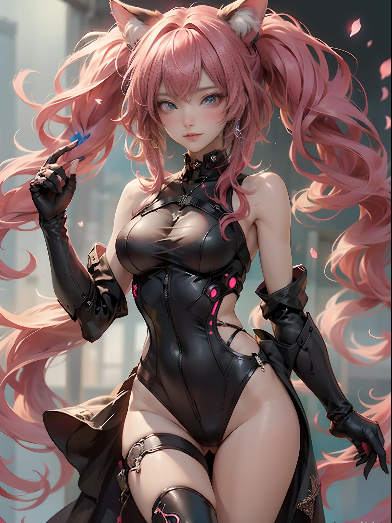(best quality), ((masterpiece)), beautiful ((cyberpunk female anime catgirl)), depth of field, maximum, Cute face,Sweet girl,Artistic sense,Casual wear, butterflys,Cherry blossom petal,Beautiful hair accessories,long shapeless hair,pink cat ears, Dynamic pose, super complex detail, Intricate details, holograph, Cowboy shot, Golden ratio, Super cute girl, Neon light ring, Delicate and beautiful face, Nice ((sexy body)), Slim body, Perfect body, Wear magical underwear, Celestial hair accessories, High detail, Artistic germ style, Art germ. anime illustration, art-style, artgerm art, Guweiz on ArtStation Pixiv, Guweiz in Pixiv ArtStation, trending on cgstation, beautiful anime catgirl, cinematic lighting.