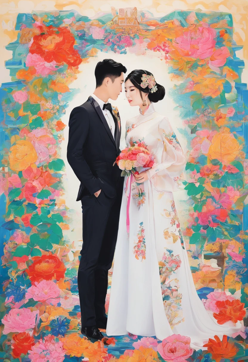 bride and groom pose for a photo in front of a easel, wedding photo, wedding, white hanfu, 🤬 🤮 💕 🎀, sha xi, professional wedding photography, full image, wedding photography, photoshoot, fanart, jia, official artwork, al fresco, luxurious wedding, outdoor fine photography, chinese artist, wedding dress, in romantic style, acrylic art