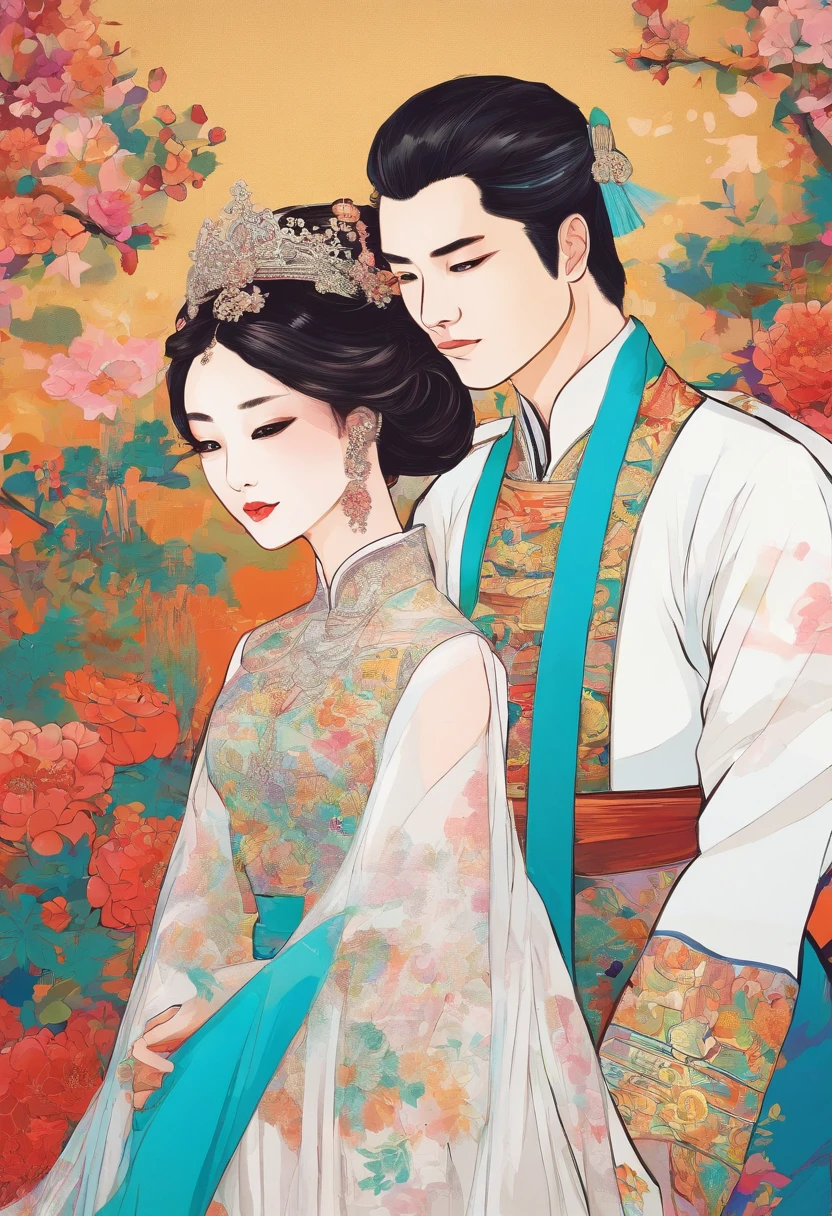 bride and groom pose for a photo in front of a easel, wedding photo, wedding, white hanfu, 🤬 🤮 💕 🎀, sha xi, professional wedding photography, full image, wedding photography, photoshoot, fanart, jia, official artwork, al fresco, luxurious wedding, outdoor fine photography, chinese artist, wedding dress, in romantic style, acrylic art