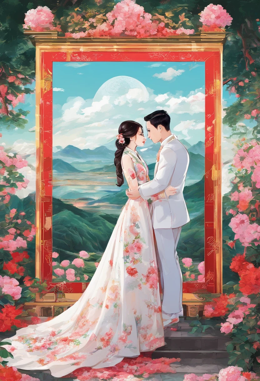 bride and groom pose for a photo in front of a easel, wedding photo, wedding, white hanfu, 🤬 🤮 💕 🎀, sha xi, professional wedding photography, full image, wedding photography, photoshoot, fanart, jia, official artwork, al fresco, luxurious wedding, outdoor fine photography, chinese artist, wedding dress, in romantic style, acrylic art