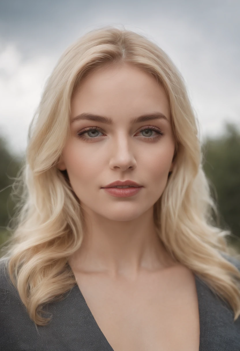 portrait A beautiful blonde woman , big tits ,Vollmundig, ultra resolution, Reflections on the ground and in the cloudy sky, Aufwendige Details, hyperrealistisch, Fotorealistisch wie im Kino, 4K