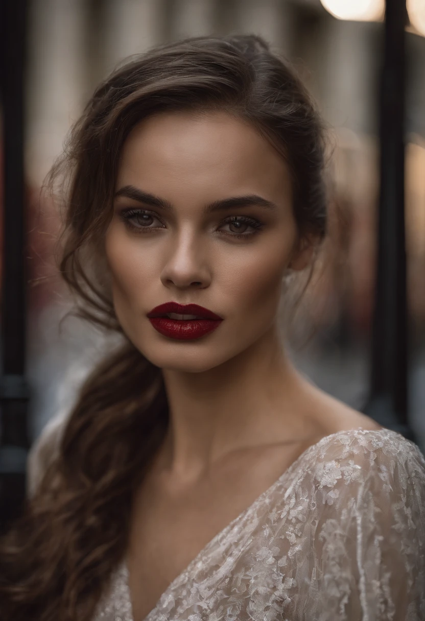 Extreme close-up of the model's face,Smoky eye makeup,red lipstick,Wet face dripping ,Guido Argentinian style,Stylish photo shoots,ultra realistic,photoshoots ,Photo shot of Canon EOS 5D Mark 4 and SIGMA Art lens 35mm F1.4 Dangerous goods HSM,unrealengine