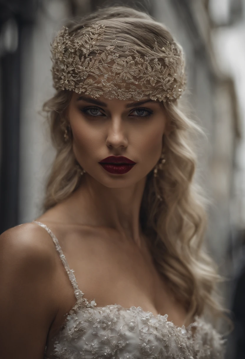 Extreme close-up of the model's face,Smoky eye makeup,red lipstick,Wet face dripping ,Guido Argentinian style,Stylish photo shoots,ultra realistic,photoshoots ,Photo shot of Canon EOS 5D Mark 4 and SIGMA Art lens 35mm F1.4 Dangerous goods HSM,unrealengine