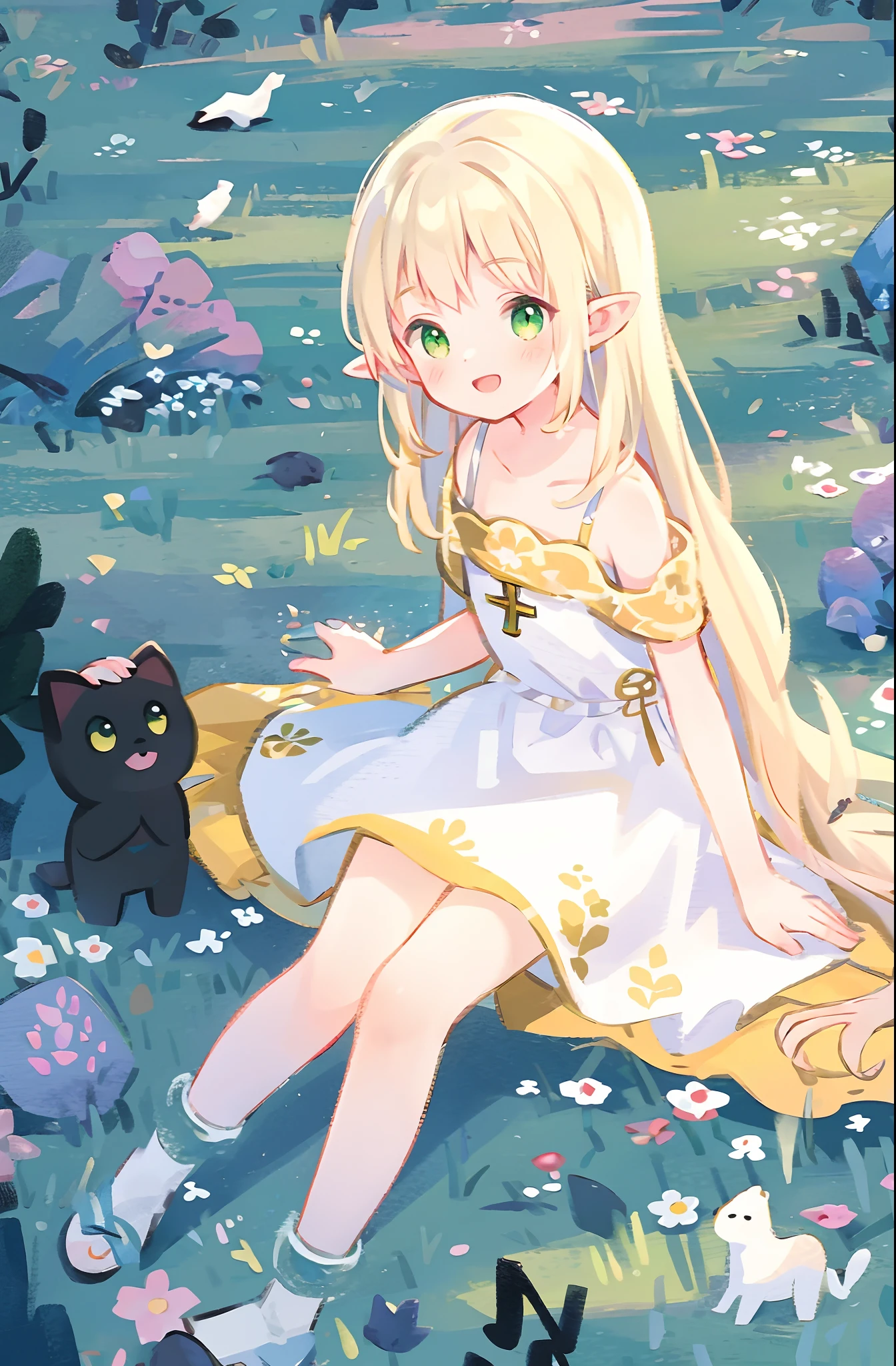 Masterpiece, best quality, illustration, colorful, landscape, fantasy, forest, 1girl, girly, face focus, skinny, bare shoulders, clavicle, detailed golden long hair, green eyes, pointy ears, holy smile , wreath, white dress, holy light, forest, sea of trees, flowers, sitting on the ground