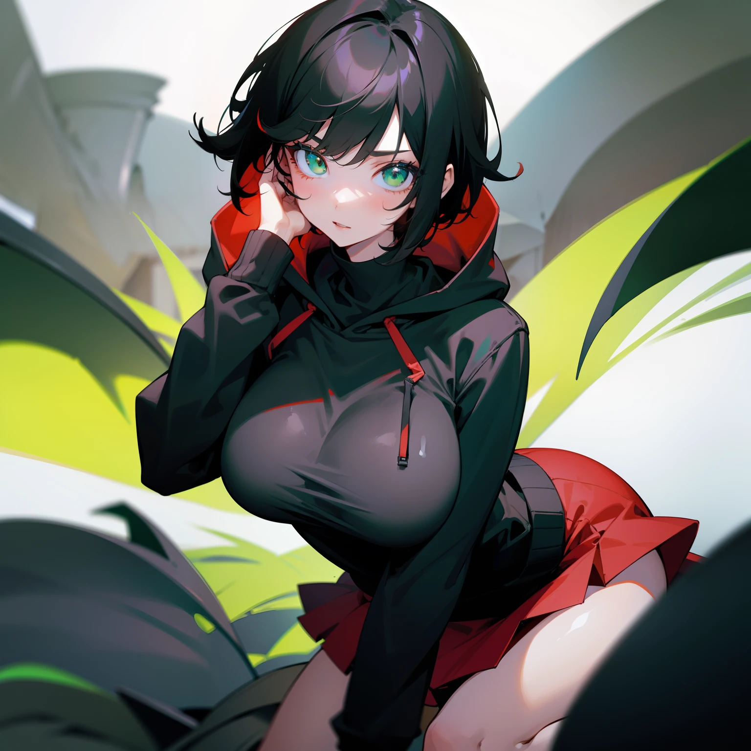 1girl, short black hair, green eyes, black hoodie, red skirt, looking at viewer, 8k, white skin, large breasts