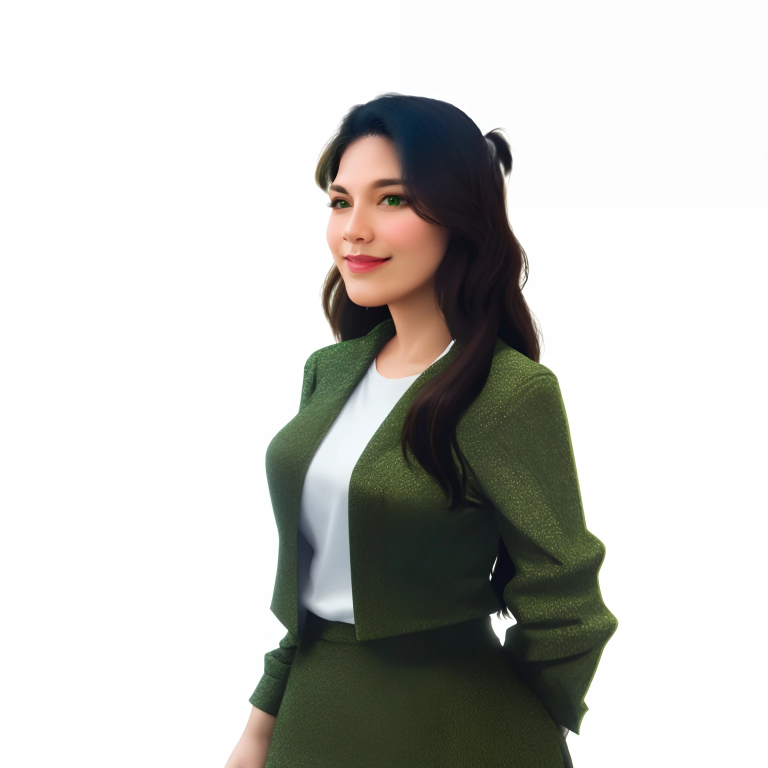 mulher vestida em um terno esportivo da cor verde e camisa de dentro da cor branca estilo executiva.