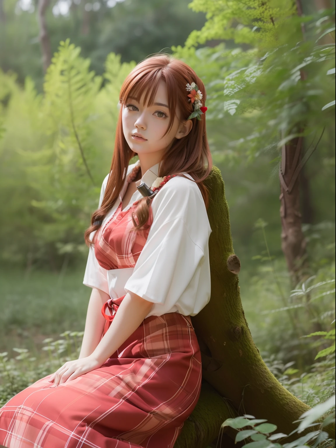 Cute girl in Forest sitting on cutting tree , wearing red frok skirt, red brown hair , Black eye's , hyper realistic Detailed image high quality 4k image