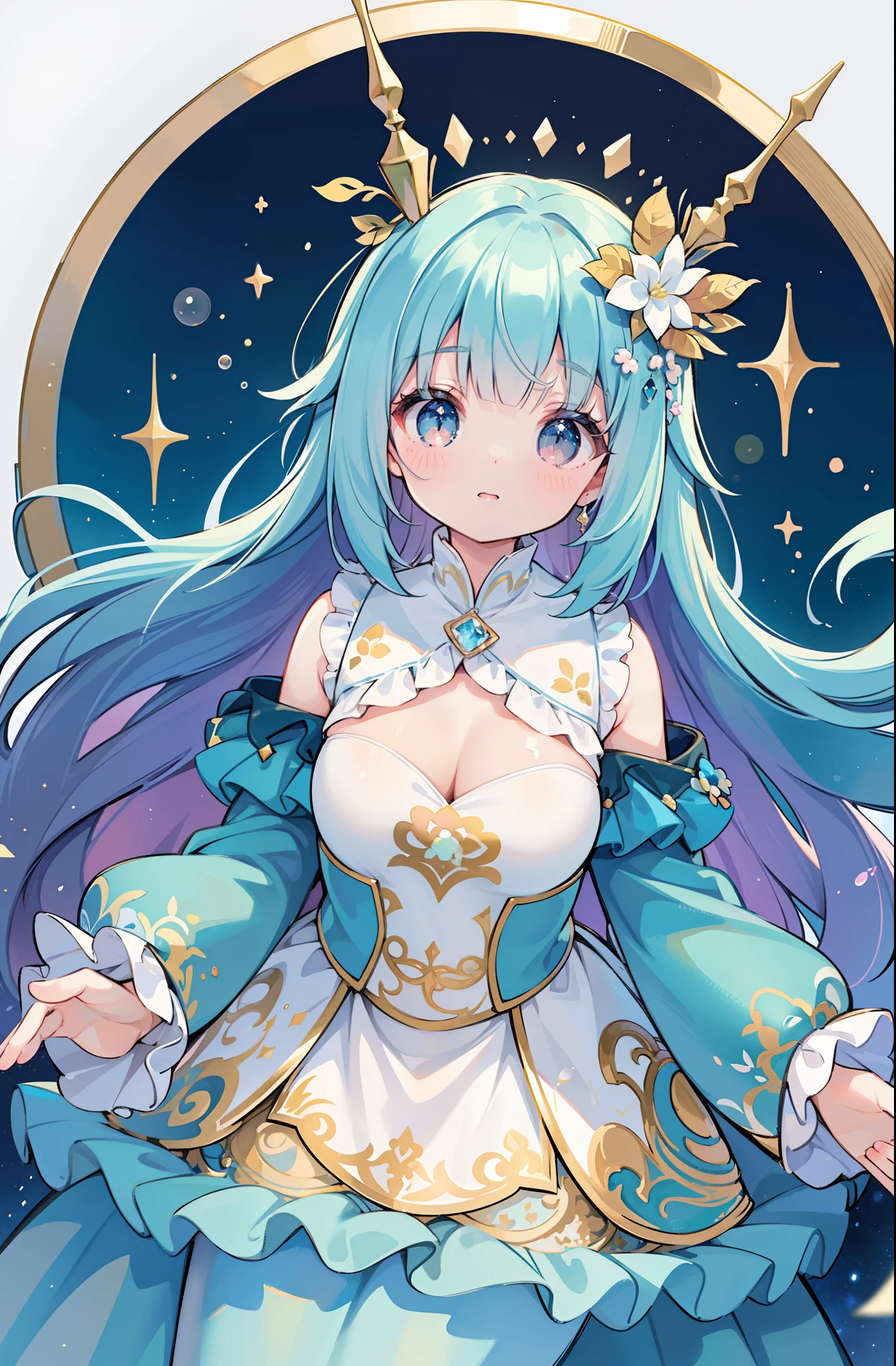 ((extremely detailed CG)),((8k_wallpaper)),(((masterpiece))),((best quality)),watercolor_(medium),((beautiful detailed starry sky)),cinmatic lighting,loli,princess,very long rainbow hair,side view,looking at viewer,full body,frills,(far from viewer),((extremely detailed face)),((an extremely delicate and beautiful girl)),((extremely detailed cute anime face)),((extremely detailed eyes)),(((extremely detailed body))),(ultra detailed),illustration,((bare stomach)),((bare shoulder)),small breast,((sideboob)),((((floating and rainbow hair)))),(((Iridescence and rainbow hair))),(((extremely detailed sailor dress))),((((Iridescence and rainbow dress)))),(Iridescence and rainbow eyes),beautiful detailed hair,beautiful detailed dress,dramatic angle,expressionless,(big top sleeves),frills,blush,(ahoge)