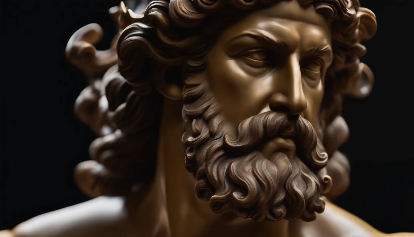 Greek statue resembling Hercules, Close-up, 8k, fundo preto
