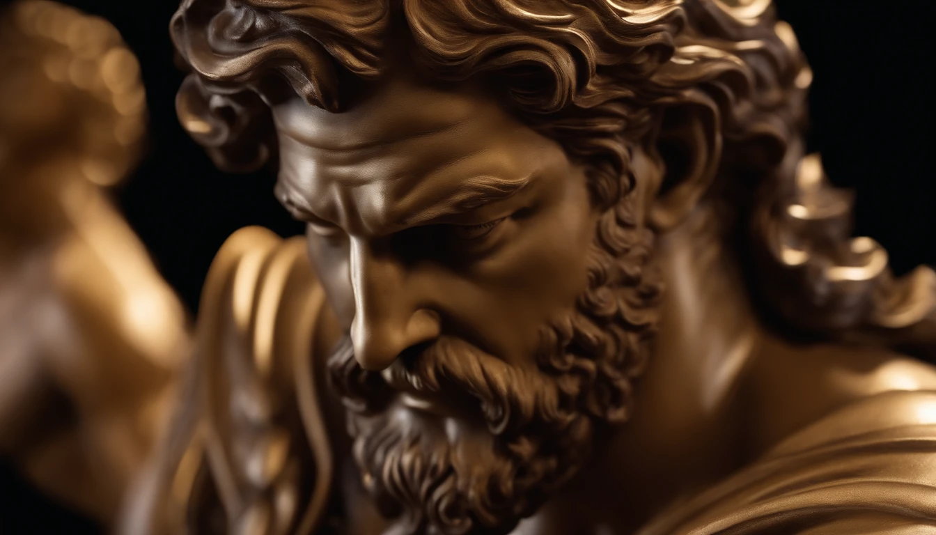 Greek statue resembling Hercules, Close-up, 8k, fundo preto