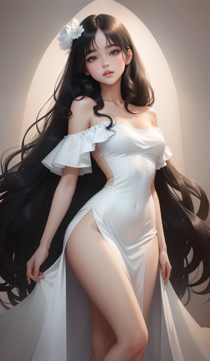 a woman in a ((white off shoulder long chiffon dress)), white high heels, 17 years old,((mid-back length wavy hair)), ((black hair)) and ((gleaming detailed vibrant black eyes)), slim frame, medium breasts, long legs, beautiful face, small butt size, small feet size, small hand size, perfect hands, scary face, beautiful face, pretty face, hot woman, British woman, cream skin, small soft pink lips , medium breast size, slim figure, standing pose, soft features, cute girl, perfectly framed face, ((soft pink cupids bow lips)),