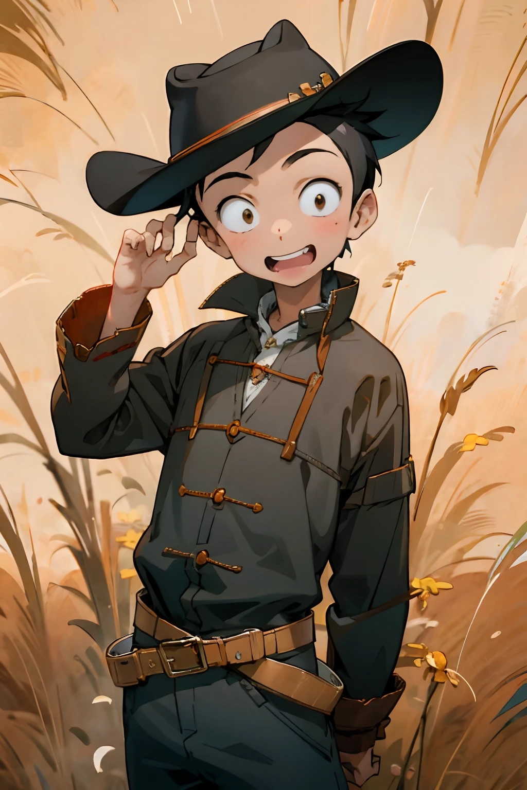 1 boy, black hair, black eyes, brown cowboy cosplay, brown cowboy costume, happy, nishikata, brown cowboy hat