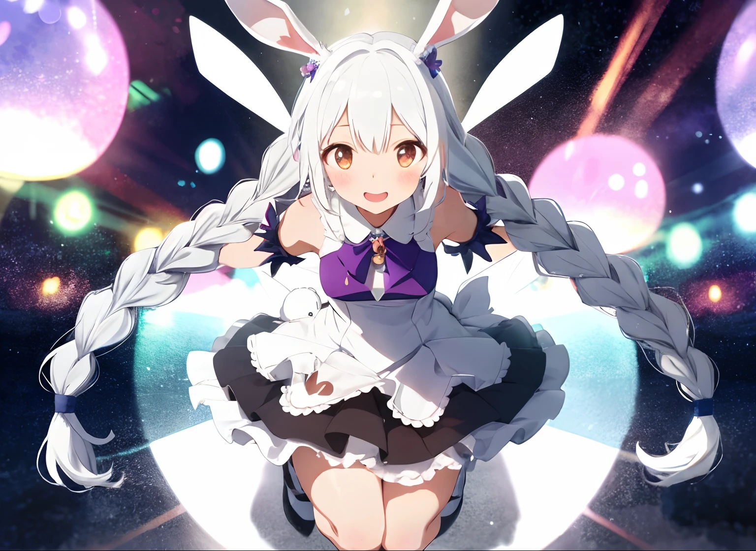 clear outfit design, style of magical girl, anime character, rabbit character, pretty anime character, full - body and head view, bunny girl, full body and head view. White hair, long hair, white bunny ears. Two braids in front