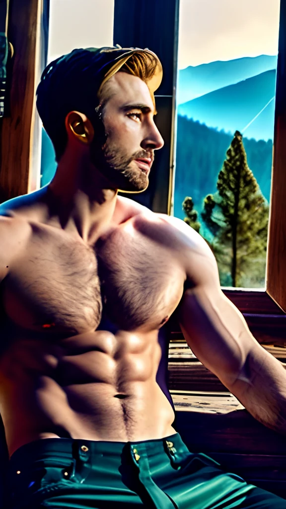 Two sexy men from Europe and the United States, Handsome and handsome, Looks like Chris Evans and Jake Gyllenhaal. They embraced each other affectionately，Be loving.They didn't wear anything. Naked，They were in the window of the forest hut in the mountains. You can see the nature outside the window from the open window。