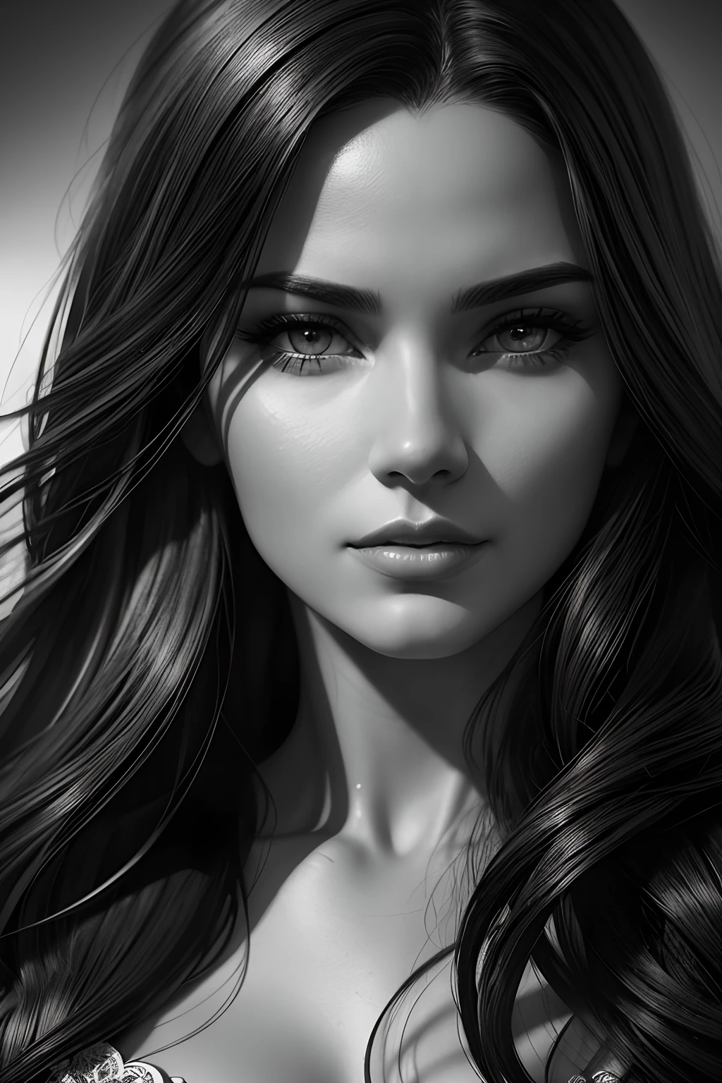 A black and white portrait of a beautiful young woman, with long windy hair, in the style of Mark Demsteader