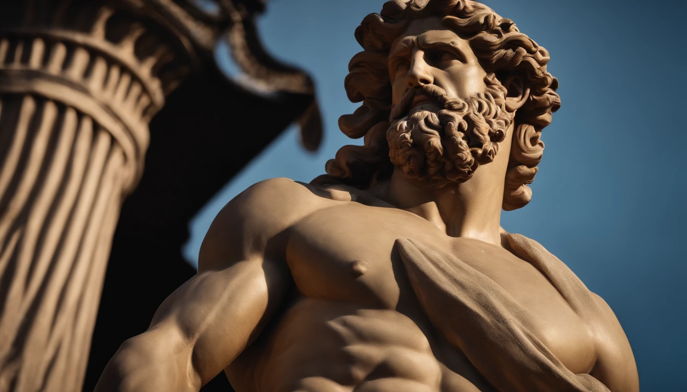 Greek statue resembling Hercules, Close-up, 8k, fundo preto