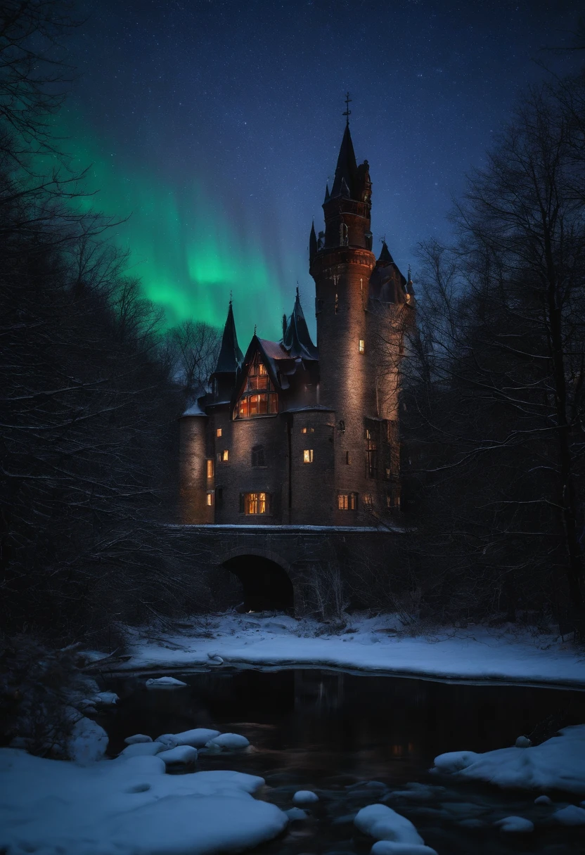 photorealistic frozen lake and tundra, background an enormous realistic gothic castle, red blue green northern lights in the sky constellations photorealistic waning moon, horror, creepy, scary, haunting