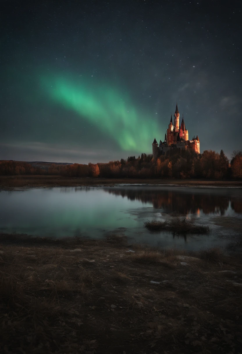 photorealistic frozen lake and tundra, background an enormous realistic gothic castle, red blue green northern lights in the sky constellations photorealistic waning moon, horror, creepy, scary, haunting