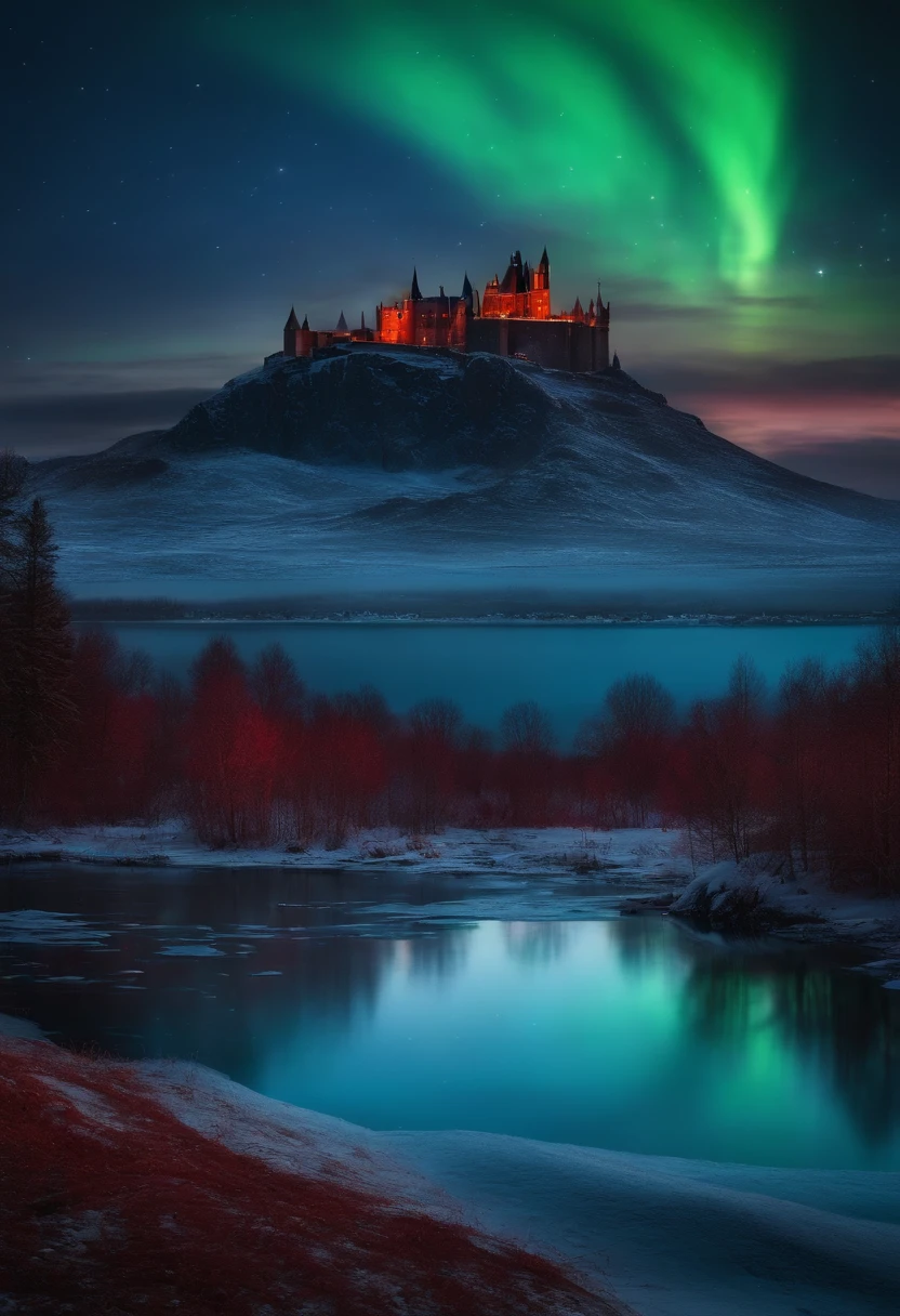 photorealistic frozen lake and tundra, background an enormous realistic gothic castle, red blue green northern lights in the sky constellations photorealistic waning moon, horror, creepy, scary, haunting