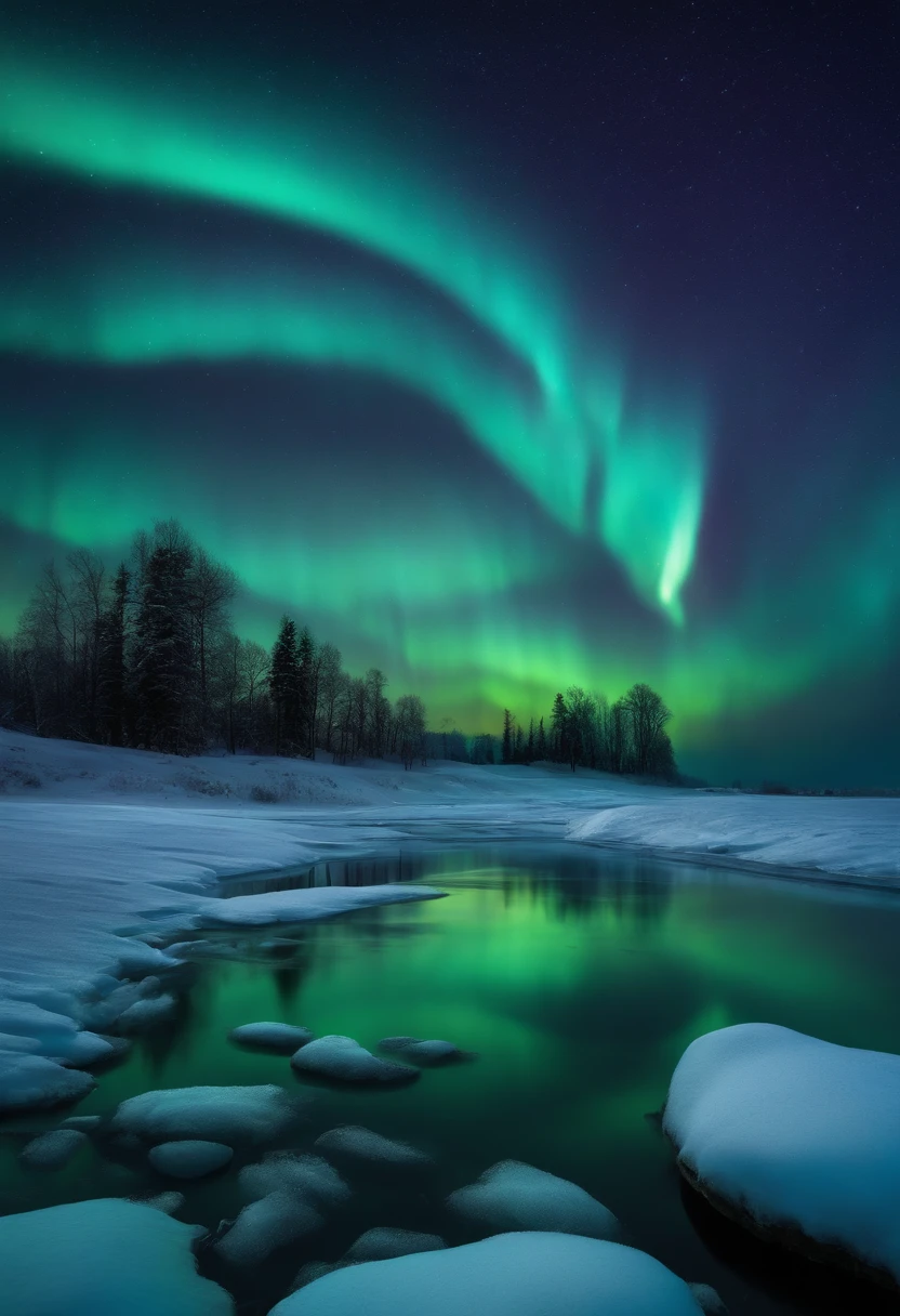 photorealistic frozen lake and tundra, background an enormous realistic gothic castle, red blue green northern lights in the sky constellations photorealistic waning moon, horror, creepy, scary, haunting