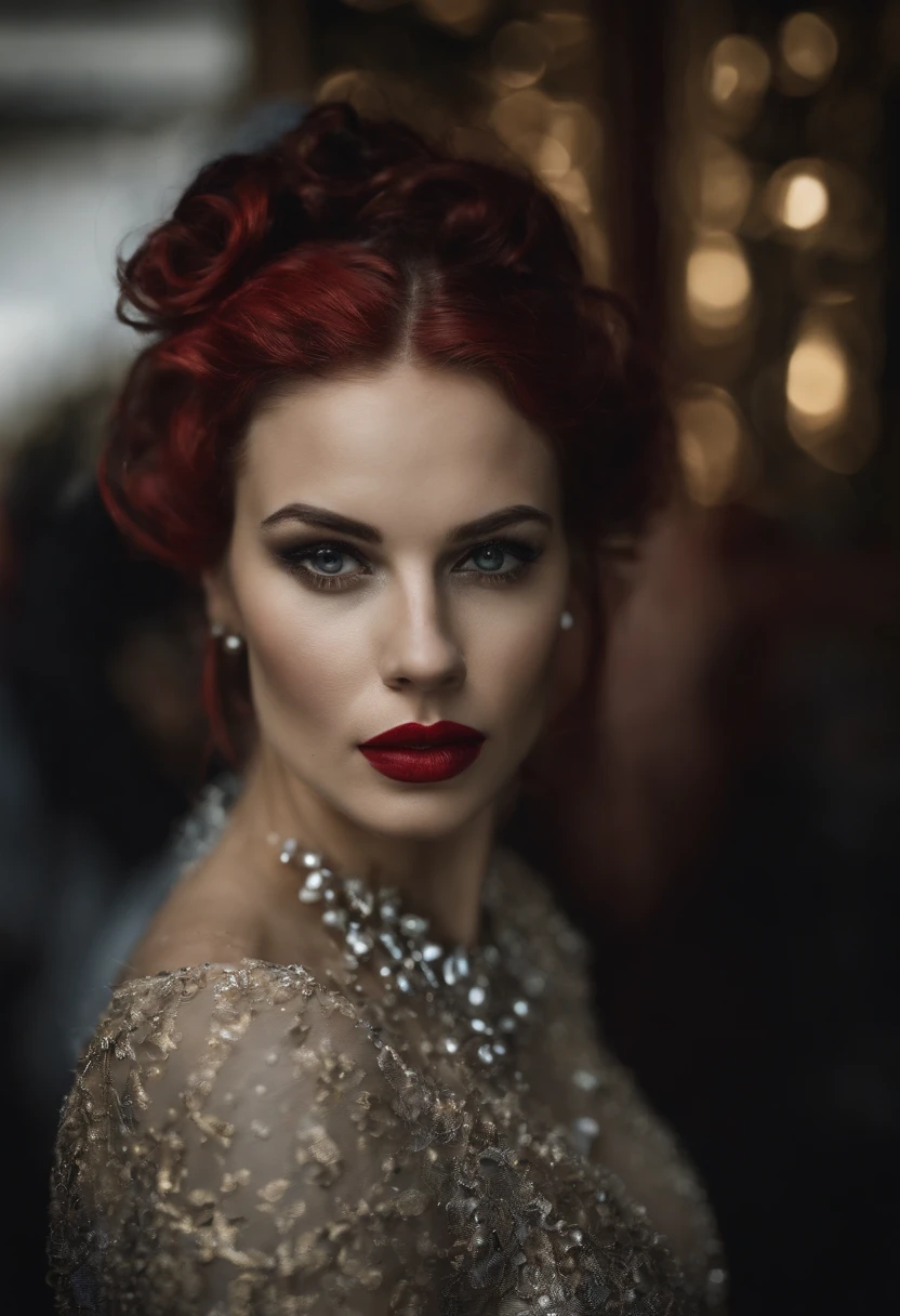 Extreme close-up of the model's face,Smoky eye makeup,Red lipstick,Wet face dripping ,Guido Argentinian style,Stylish photo shoots,Ultra photo realsisim,photoshoot ,Photo shoot of the Canon EOS 5D Mark 4 and SIGMA Art lens 35mm F1.4 Dangerous goods HSM,unreal-engine