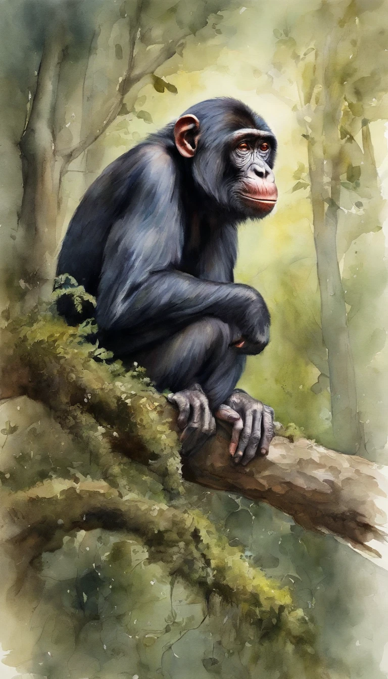 Painting of a chimpan sitting on a branch in a forest - SeaArt AI