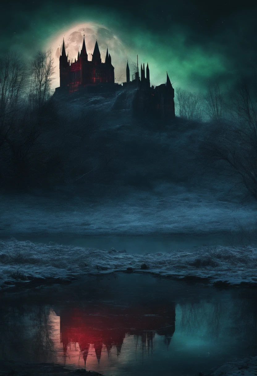 photorealistic frozen lake and tundra, background an enormous realistic gothic castle, red blue green northern lights in the sky constellations photorealistic waning moon, horror, creepy, scary, haunting