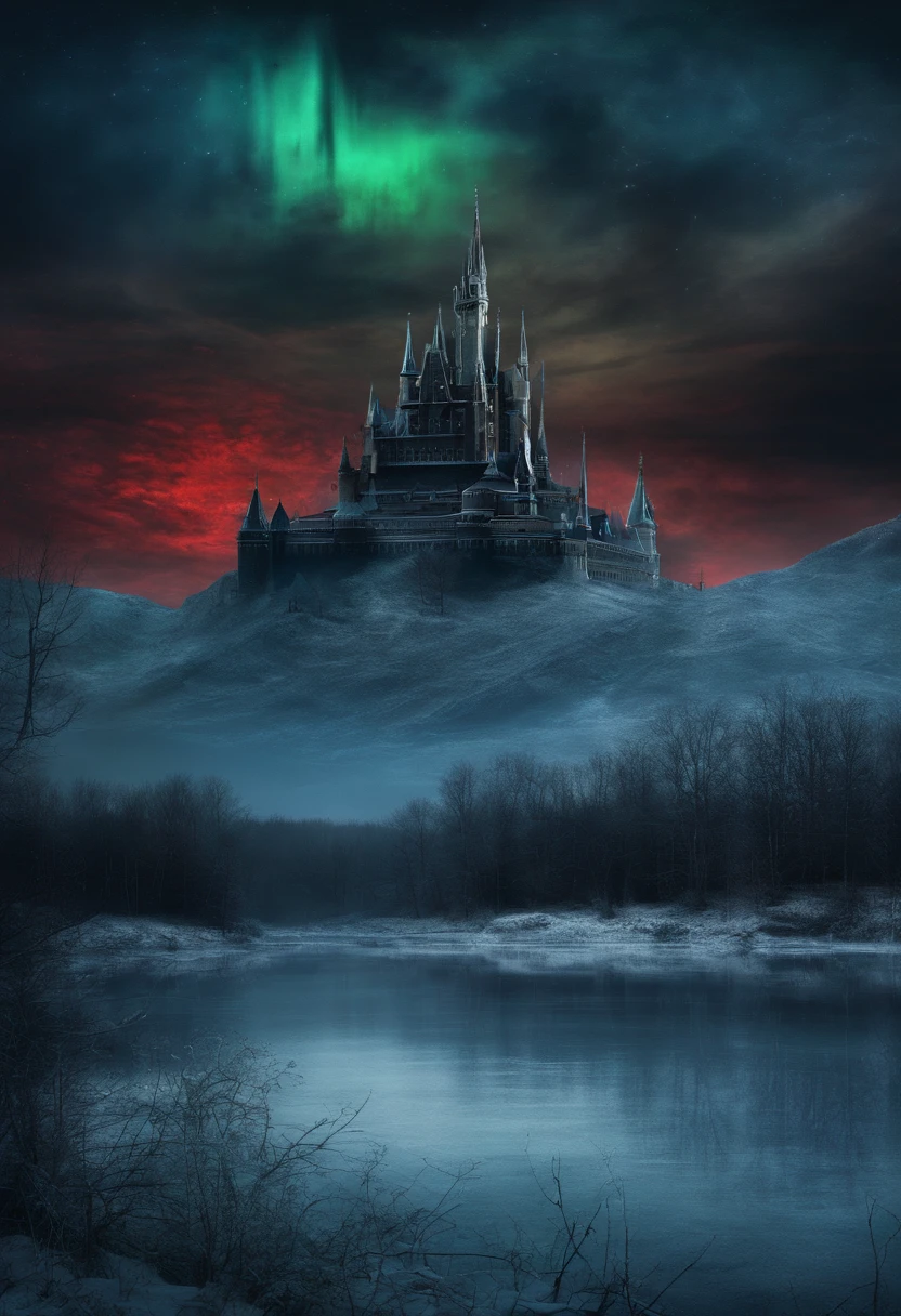 photorealistic frozen lake and tundra, background an enormous realistic gothic castle, red blue green northern lights in the sky constellations photorealistic waning moon, horror, creepy, scary, haunting