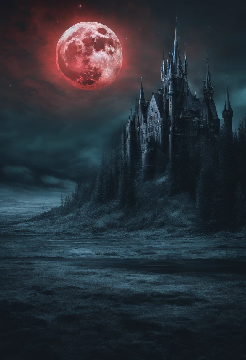 photorealistic frozen lake and tundra, background an enormous realistic gothic castle, red blue green northern lights in the sky constellations photorealistic waning moon, horror, creepy, scary, haunting