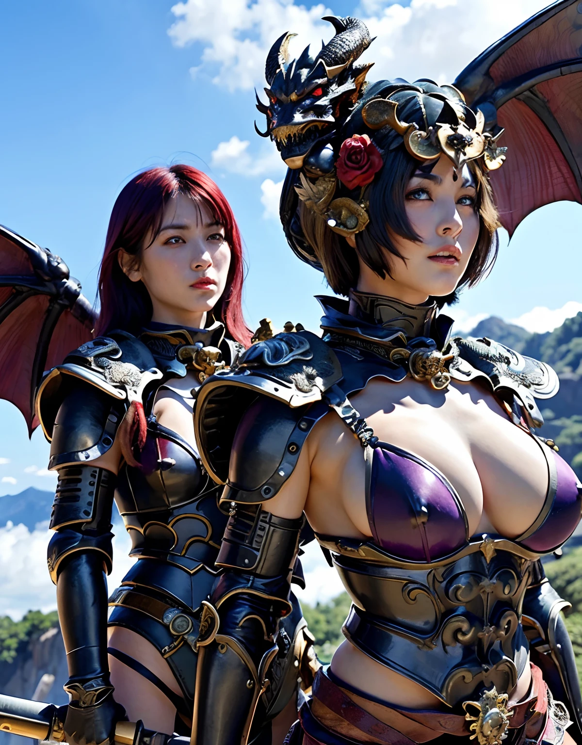 Professional , masterpiece、top-quality、photos realistic , depth of fields 、(Dragon Blue Metal Body:1.9),(Enamel purple、(cleavage of the breast)、Mystical expression、Dragon Gold Weapon、(Red Micro Bikini Armor:1.4),Gorgeous gold weapons ,Particles of light、(( Dragon's dense and gorgeous sword)) , (demonic wings)、((a blond))、(Castle background)、((Gangle's forest background))、((Fight dragons))、Beautiful Caucasian beauty、1a person、dynamic ungle,(((Detailed and ornate dragon helmet)))、Smaller head、A smile、Castle background、Thin and beautiful female hands、cleavage of the breast、Soldier in iron armor on background、Mystical expression、Light Effects、intense fighting、Wind-effect、magic circles、With the legendary magic wand、Dragon's tail、explosions、Anatomically correct body、