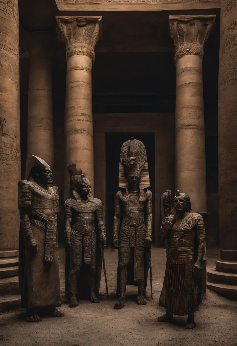 A detailed environmental portrait of [Ancient Egypt's Pharaoh receiving a delegation of foreign ambassadors who have come to pay homage to the powerful Pharaoh of Egypt], cinematic, glossy, photorealistic, Sunset, shot with a Sony A7R Camera IV with Sony FE 16-35 mm f/2.8 GM lens