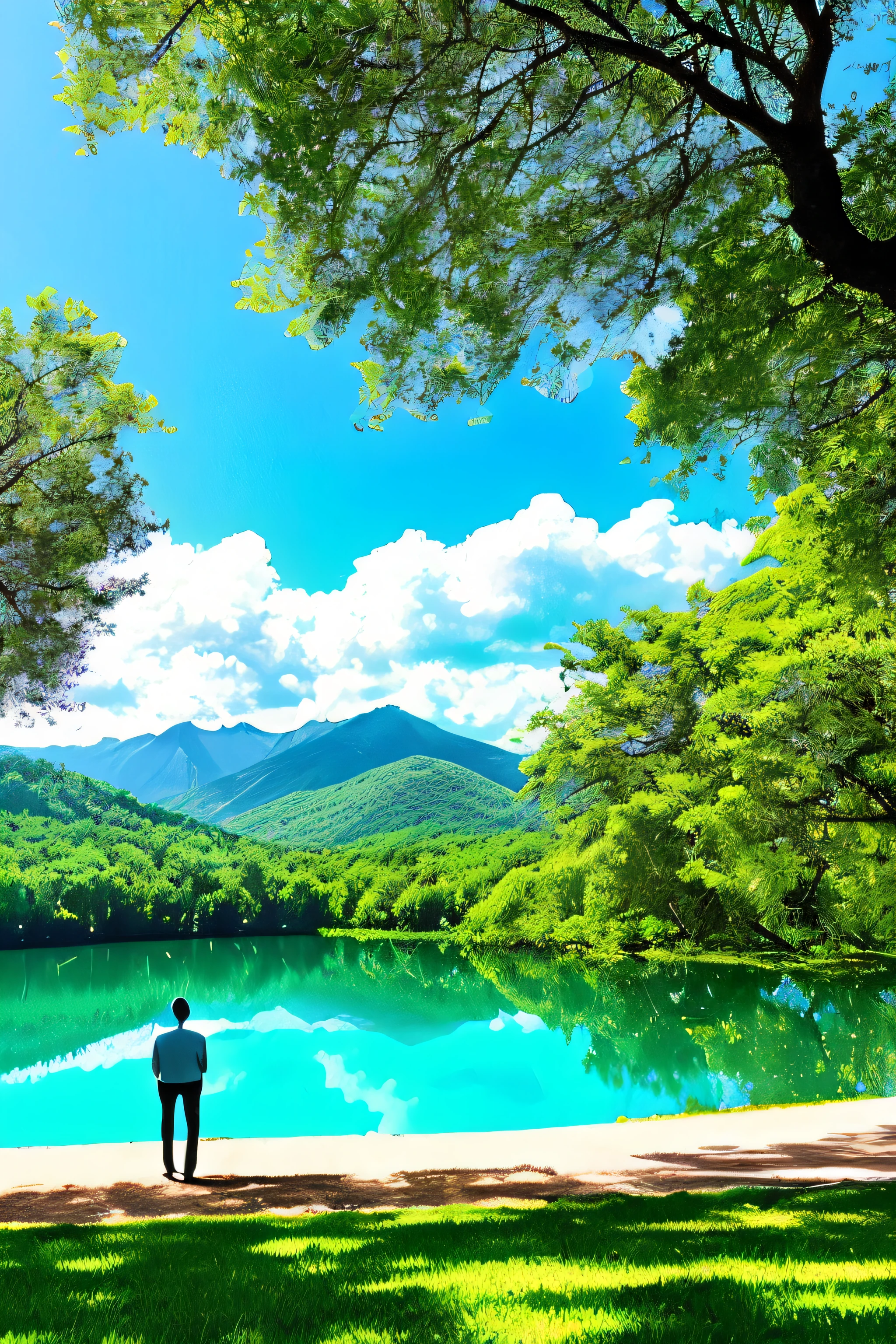 ar livre, heaven, nuvem, dia, paisagem, tree, blue skies, lindo lago, montanhas e um velho homem contemplando a natureza