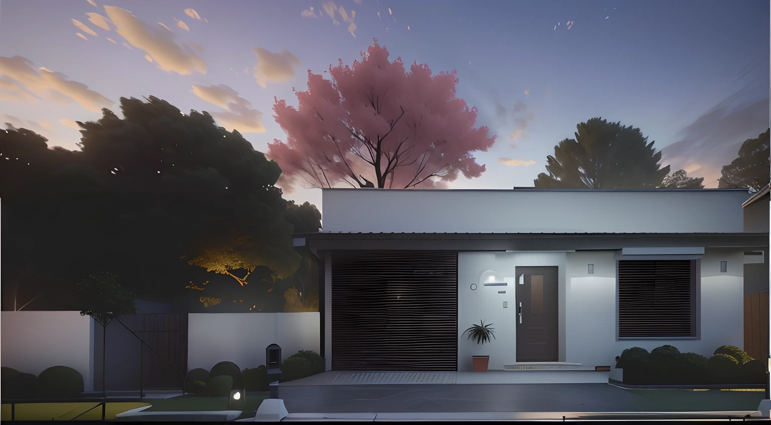 There is a white house with a red tree in the front yard, night time render, Estilo fotorrealista, Photorealistic rendering, semi-realistic rendering, natural realistic render, a photorealistic rendering, Renderizado no Lumion Pro, photorealistic render, photorealistic render, lumion rendering, very realistic 3 d render, Estilo 3D realista, Estilo fotorrealista, realism rendering