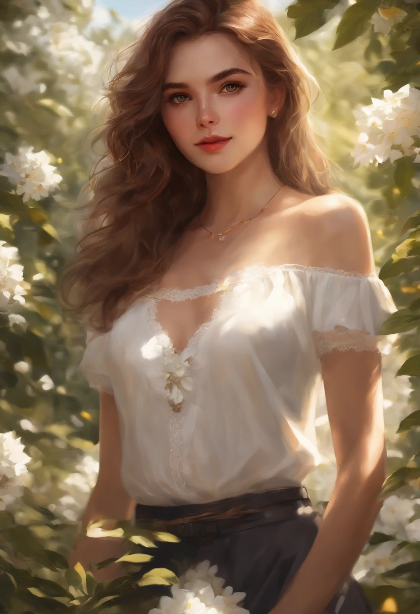 depth of field, masterpiece, best quality, 1girl, solo, brown hair, looking at viewer, yellow eyes, upper body, white shirt, breasts, off-shoulder shirt,a lot of white flowers, leaf, blurry foreground, choker, sunlight