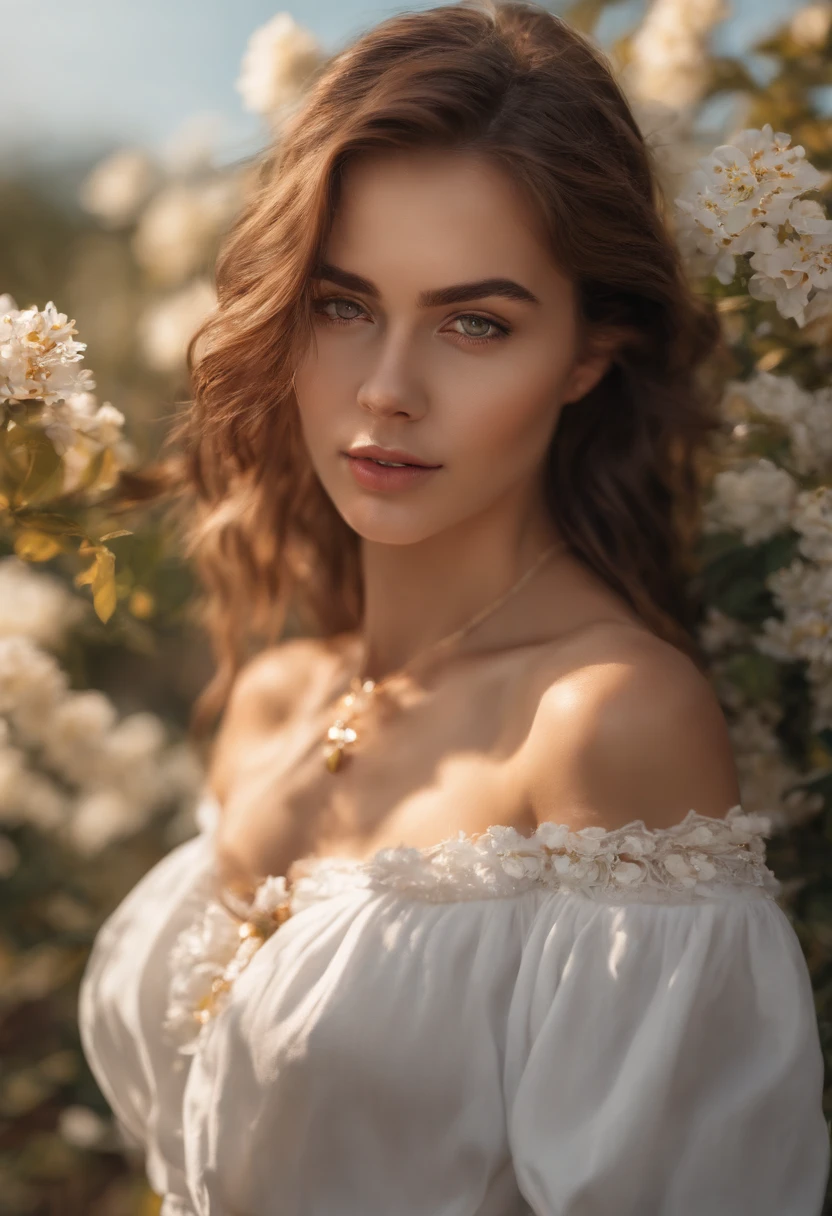 depth of field, masterpiece, best quality, 1girl, solo, brown hair, looking at viewer, yellow eyes, upper body, white shirt, breasts, off-shoulder shirt,a lot of white flowers, leaf, blurry foreground, choker, sunlight
