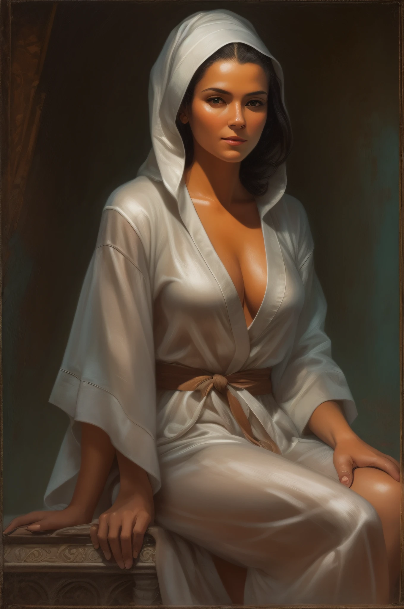 wise-looking and sitting woman, a straight face, looking forward, with a truly tanned complexion, dark background, American woman. Dressed in a wide open fully transparent bathrobe.
