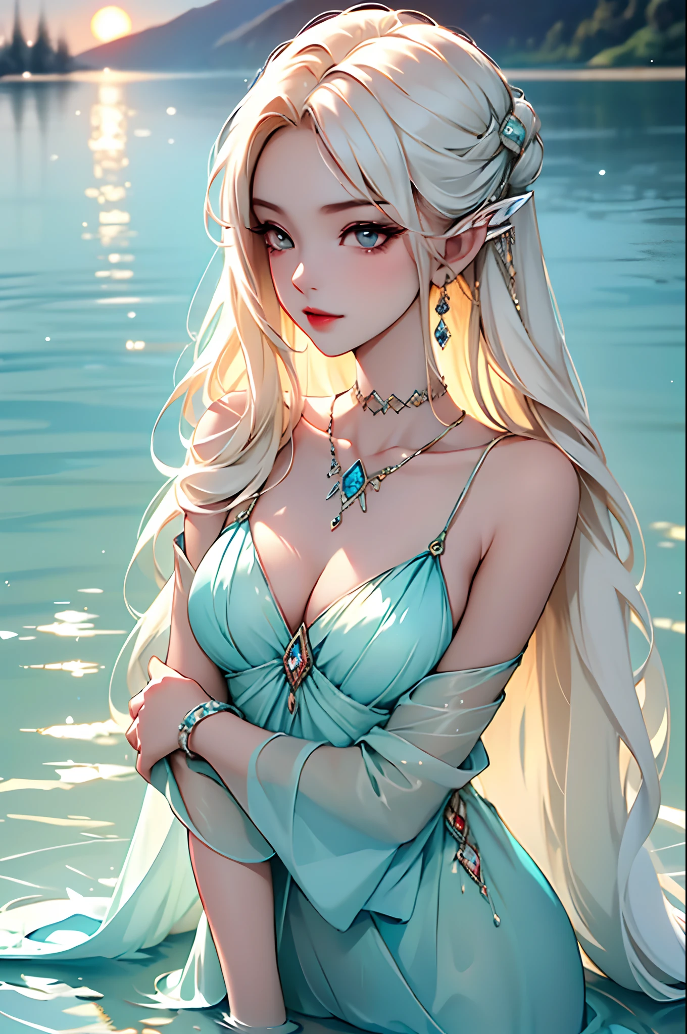 pulchritudinous, malevolent water nymph, her enchanting form mostly concealed beneath the glistening waters of a tranquil lake as the sun dips below the horizon, casting a mystical and eerie glow on the scene.