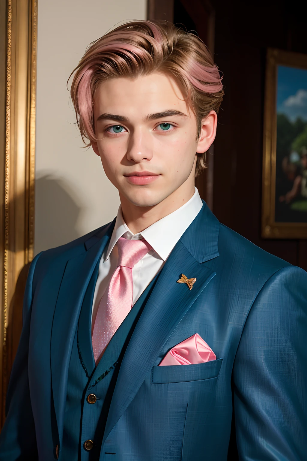 (masterpiece, best quality, high resolution:1.4), 1boy, kind, gentle, skin pores texture, HD , Photography, movie, cinematic, portrait, Realistic, (8k, RAW photo, best quality, masterpiece:1.2), (realistic, photo-realistic:1.33), best quality, (detailed two tone color eyes :blue and green), (suit), (coral colored hair), (16 years old), ((pink suit)), (handsome), (young), portrait, smile, (background: spring garden), cats, bust up, (muscular), (gentleman), detailed and realistic portrait of a boy, fragile, (golden hour light), (British), (pale)