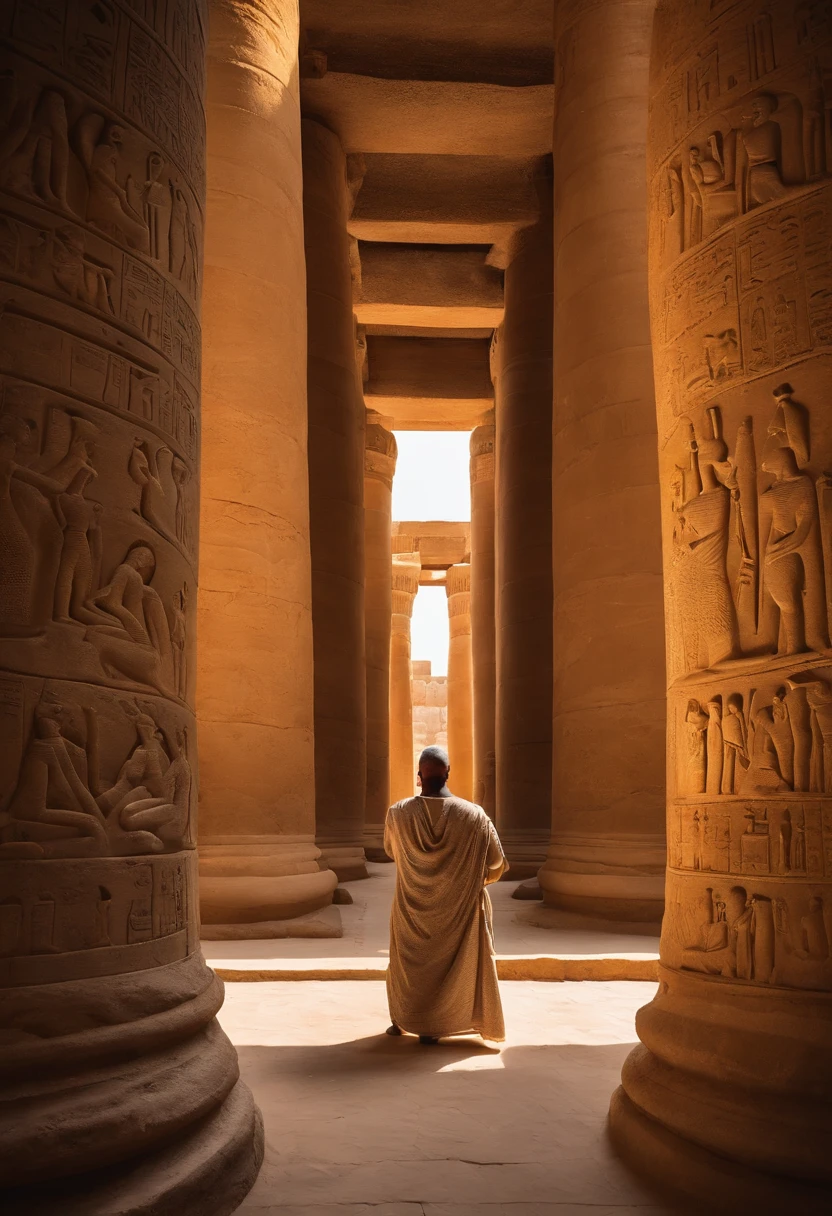 In ancient Egypt, Pharao visiting the temples of Amarna, offering prayers and making offerings to the gods in the company of high priests, as the sunlight filters through the intricately carved columns. Fantasy, shot with a Fujifilm X-T4 with Fujinon XF 56mm f/1.2 R lens,