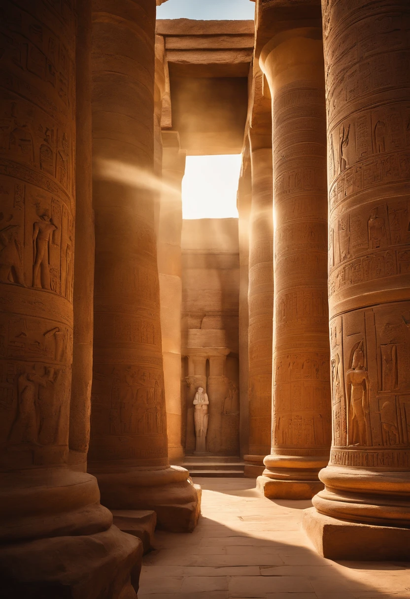 In ancient Egypt, Pharao visiting the temples of Amarna, offering prayers and making offerings to the gods in the company of high priests, as the sunlight filters through the intricately carved columns. Fantasy, shot with a Fujifilm X-T4 with Fujinon XF 56mm f/1.2 R lens,