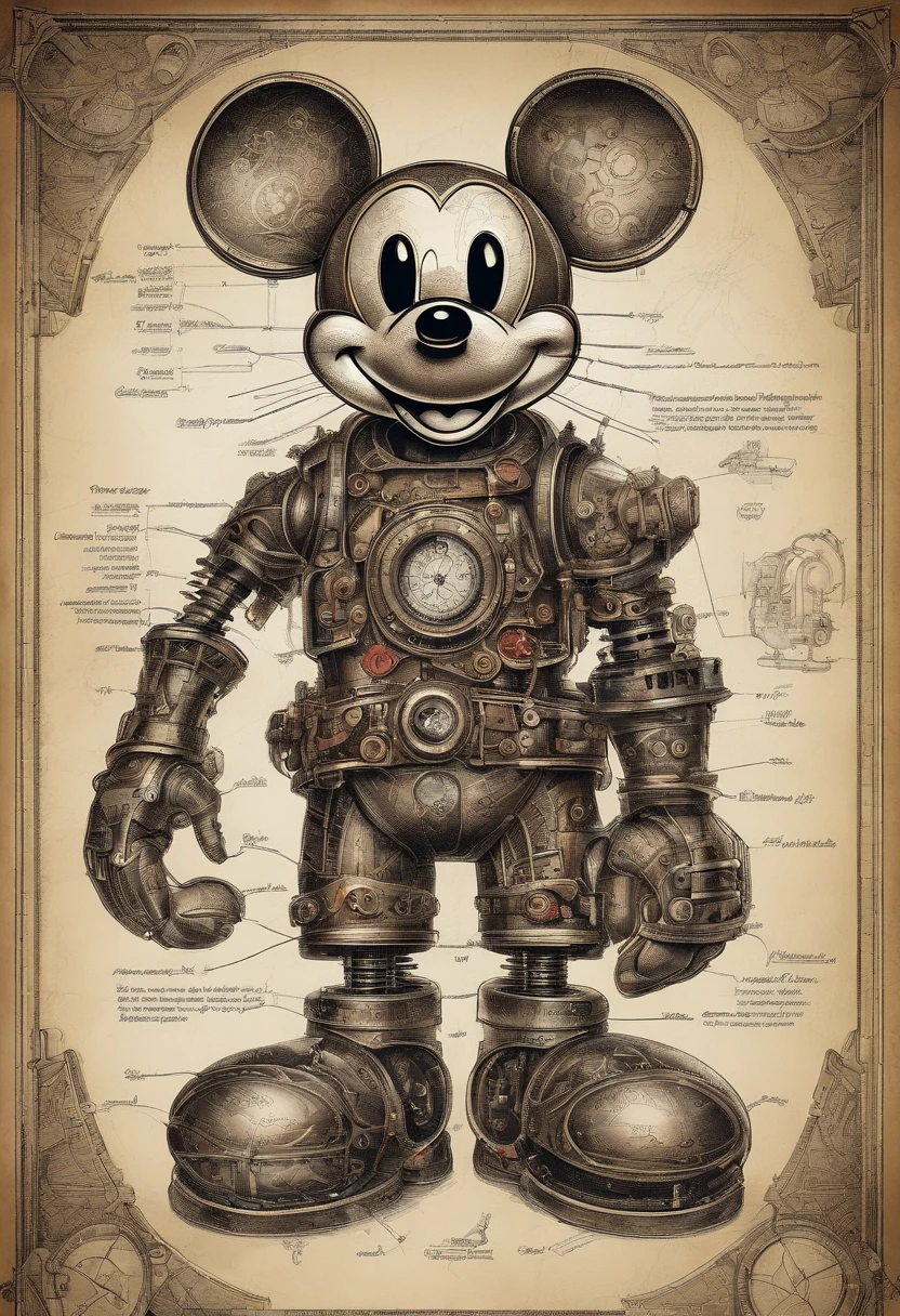 technical drawings of cyberpunk Mickey mouse drawn with red pen on dark bckg,realistic details,fiew parts draw with grey pen,realistic,hdr,in form of blueprint