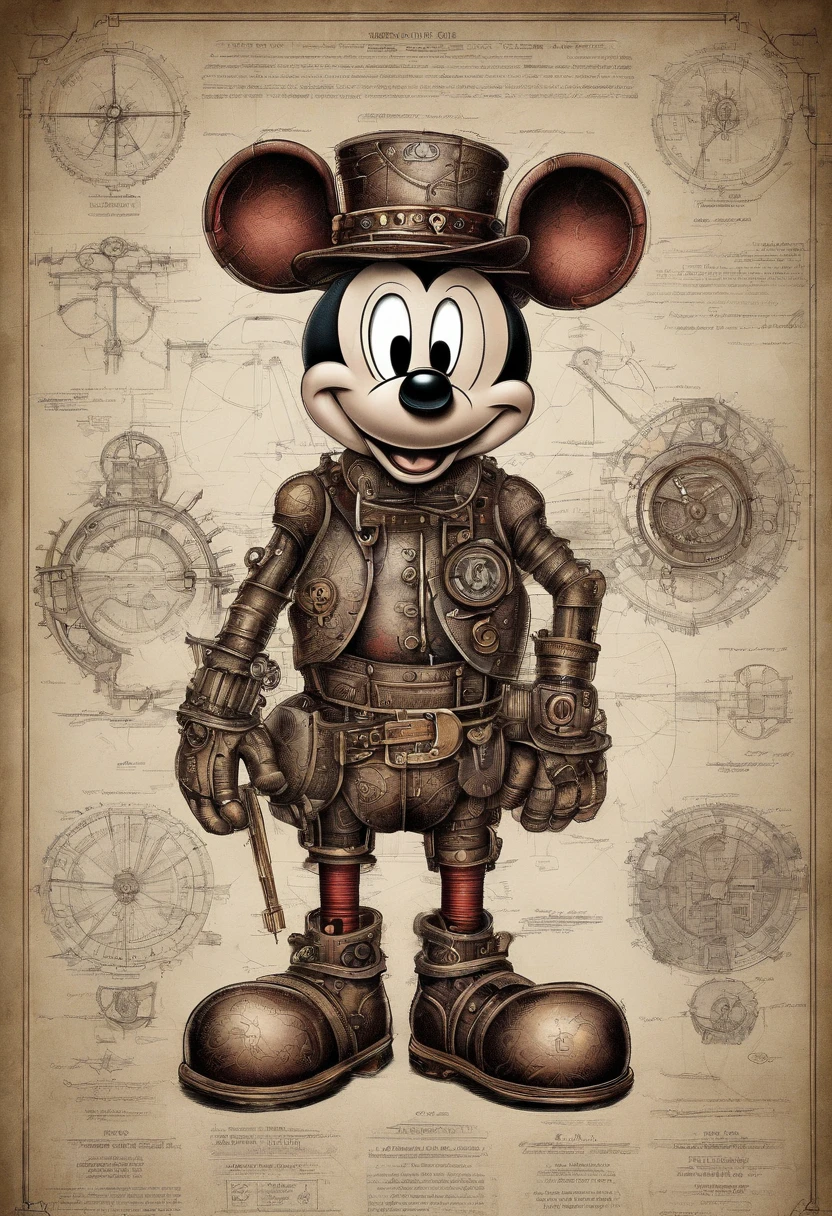 technical drawings of cyberpunk Mickey mouse drawn with red pen on dark bckg,realistic details,fiew parts draw with grey pen,realistic,hdr,in form of blueprint