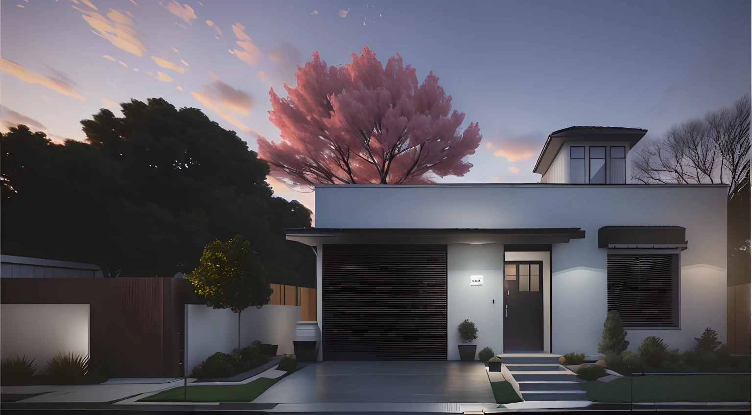 There is a white house with a red tree in the front yard, night time render, Estilo fotorrealista, Photorealistic rendering, semi-realistic rendering, natural realistic render, a photorealistic rendering, Renderizado no Lumion Pro, photorealistic render, photorealistic render, lumion rendering, very realistic 3 d render, Estilo 3D realista, Estilo fotorrealista, realism rendering