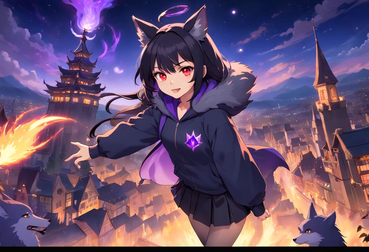 furry girl, wolf, black hair, punk hairstyle, long ponytail, anime style, small breasts, red eyes, black hoodie jacket, open clothes, gothic bra with lace, black skirt, net tights, princess crown, Castle tower, night Sky, moon, stars, high quality, detailed body, detailed eyes, detailed face, masterpiece, glistening body, detailed body fur, best quality, two tone body, gray fur, clear gray fur, skinny, fangs, holding a magic, hand palm whit purple fire magic, conjuring a purple fire, magic stance, :D, sassy face, purple fire aura, magic particles, spectacular effects,