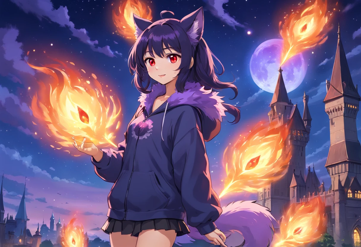 furry girl, wolf, black hair, punk hairstyle, long ponytail, anime style, small breasts, red eyes, black hoodie jacket, open clothes, gothic bra with lace, black skirt, net tights, princess crown, Castle tower, night Sky, moon, stars, high quality, detailed body, detailed eyes, detailed face, masterpiece, glistening body, detailed body fur, best quality, two tone body, gray fur, clear gray fur, skinny, fangs, holding a magic, hand palm whit purple fire magic, conjuring a purple fire, magic stance, :D, sassy face, purple fire aura, magic particles, spectacular effects,